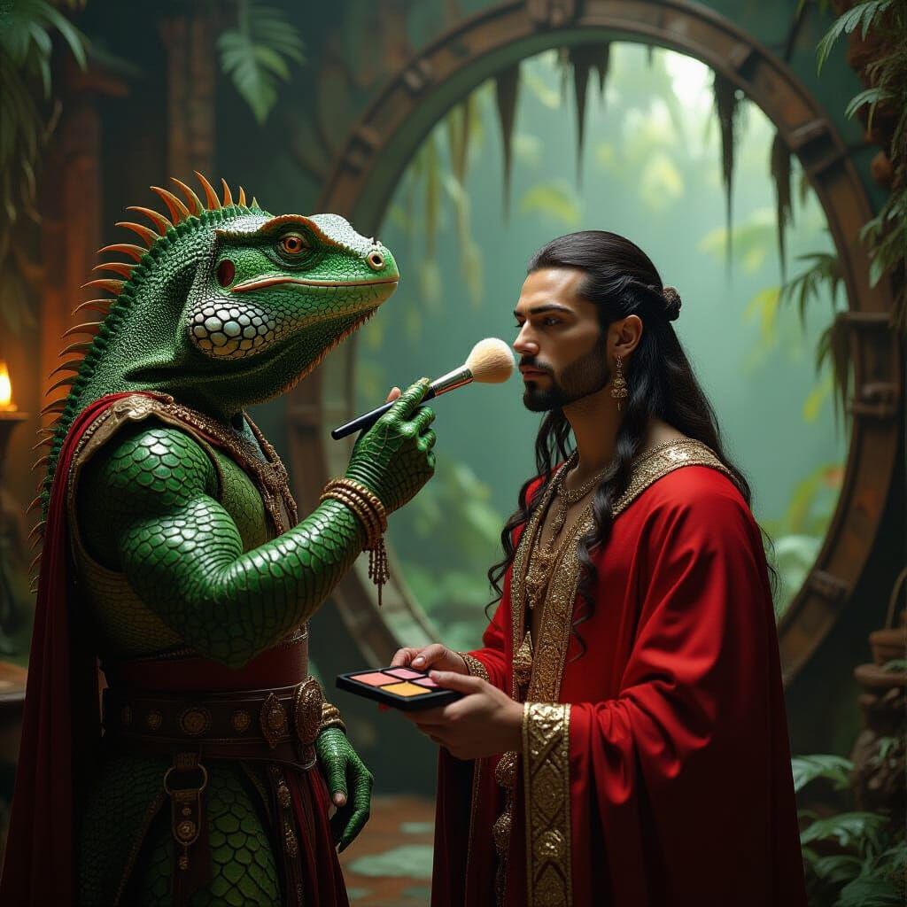Lizard-Man Applies Makeup in Fantasy Film Studio
