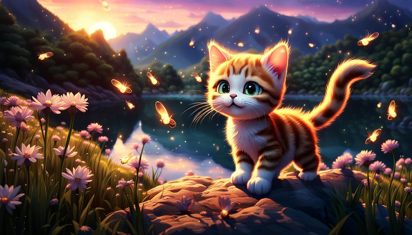 kitten fascinated by twinkling fireflies