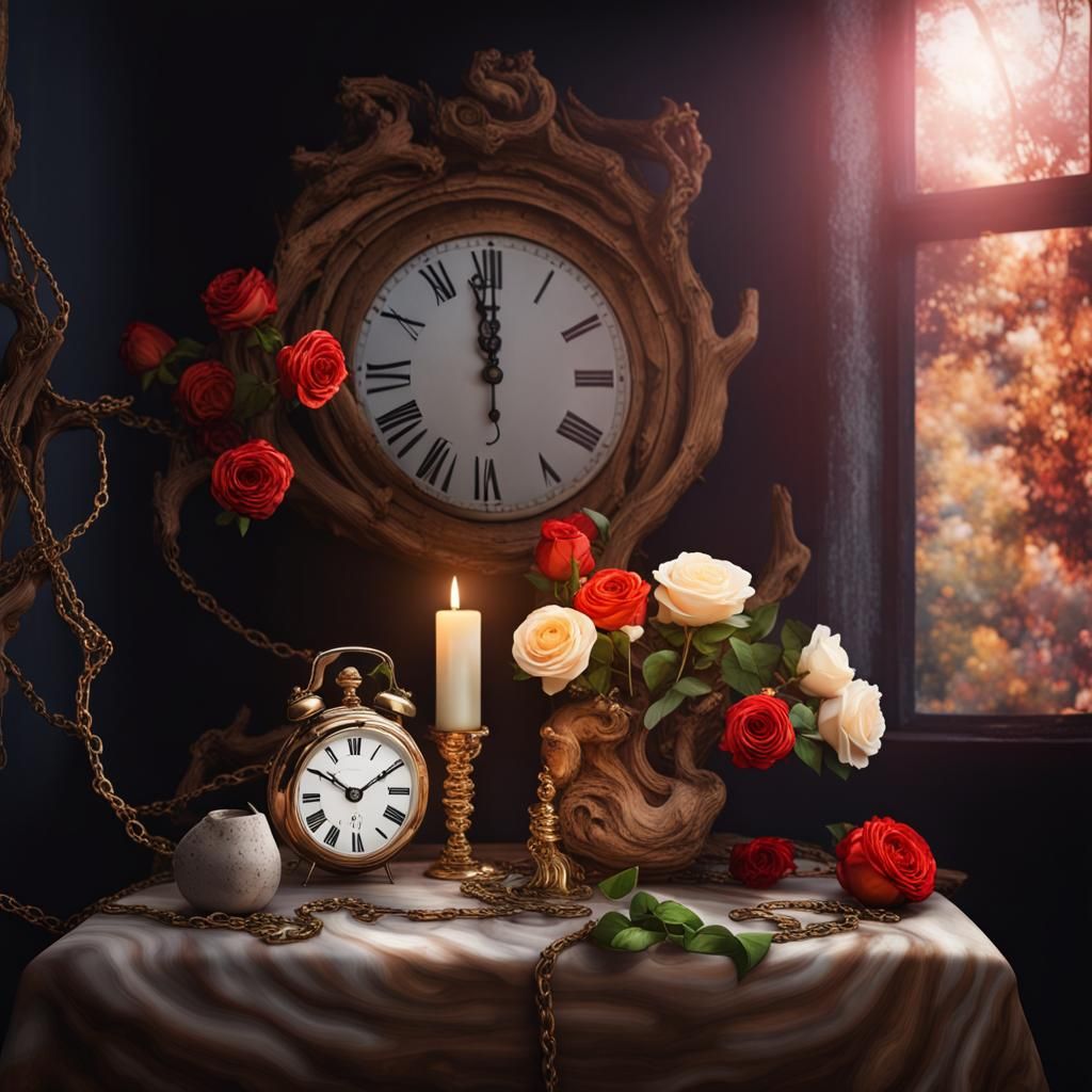 Surreal Still Life with Clock and Candle