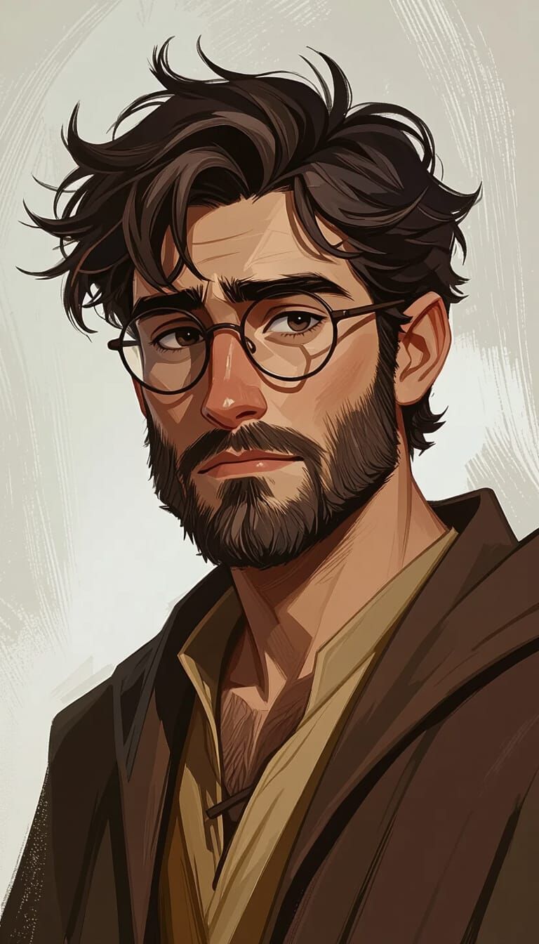 Nerdy Wizard with Scruffy Beard in Earthy Robes