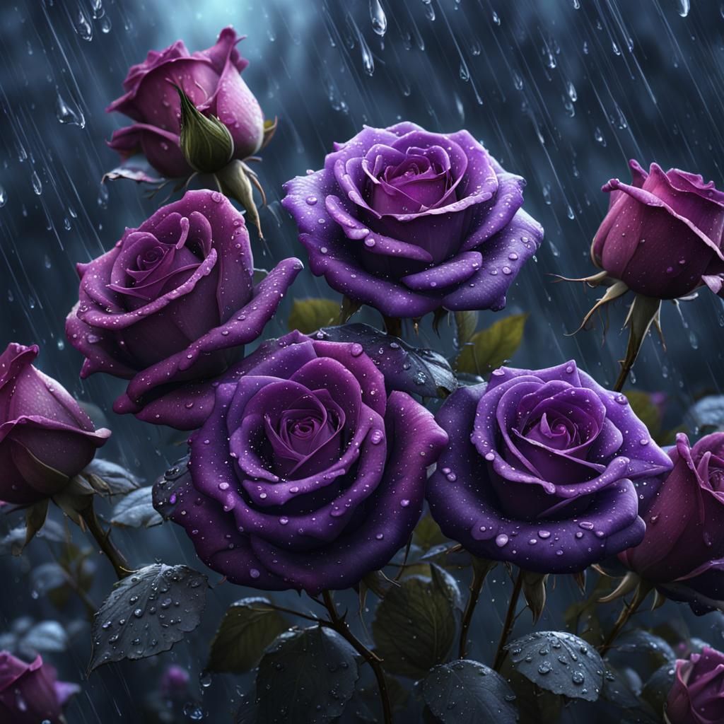 Purple Roses with Raindrops: Detailed Matte Painting