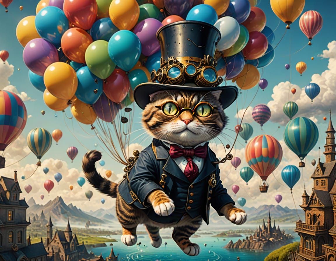 Steampunk Cat Soaring on Balloons, Digital Painting