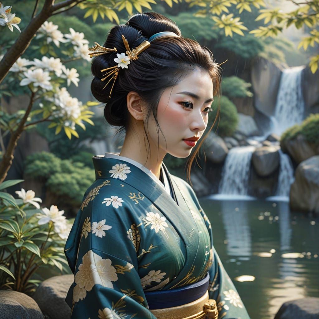 Geisha in Serene Water Garden, Ukiyo-e Style