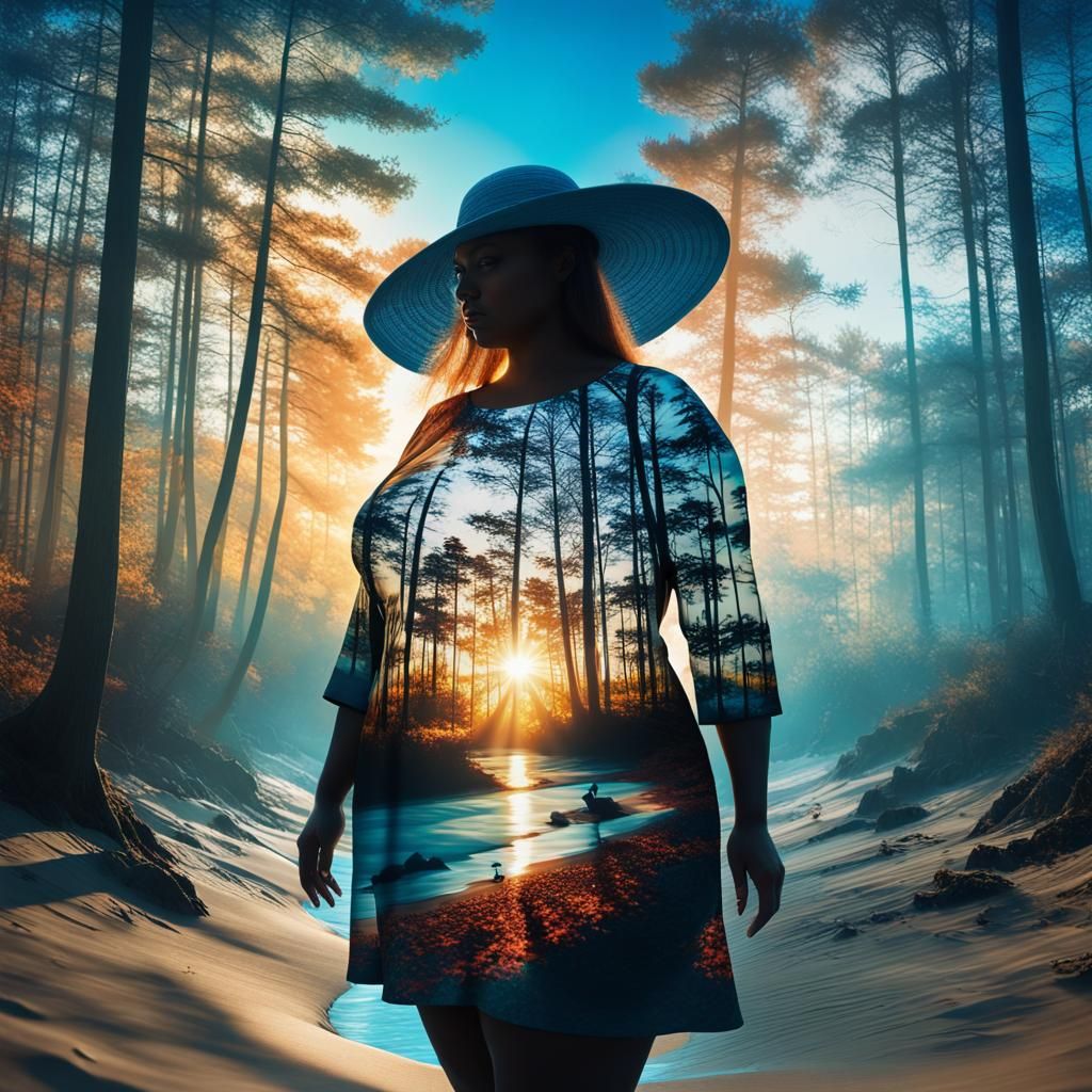 Double Exposure: Beach and Forest Silhouettes