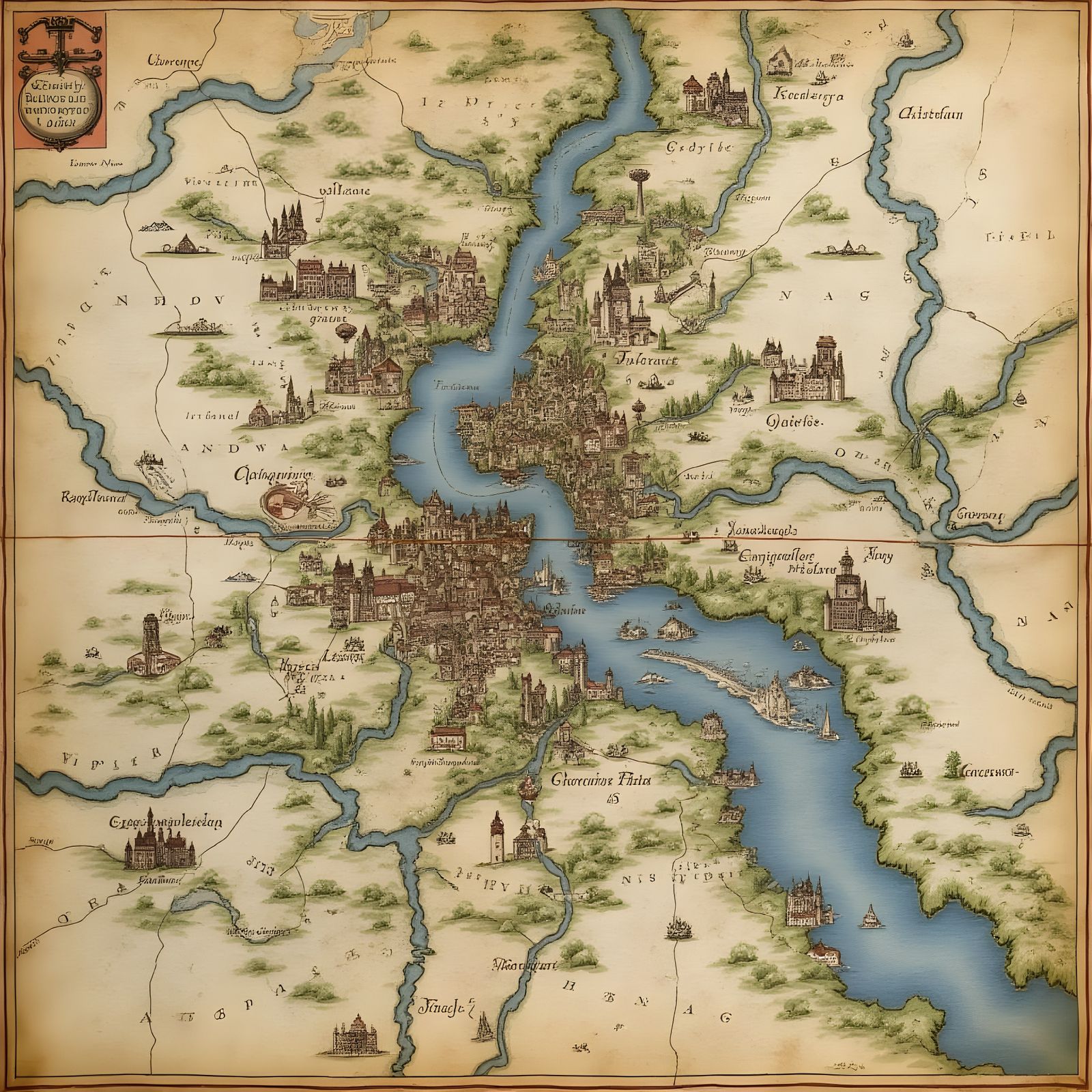 15th Century River City Map on Vellum