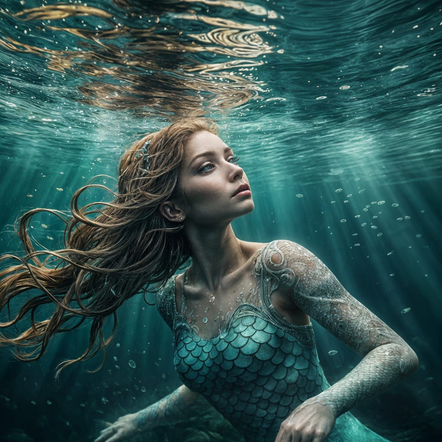 Hyperrealistic Mermaid Swimming Underwater