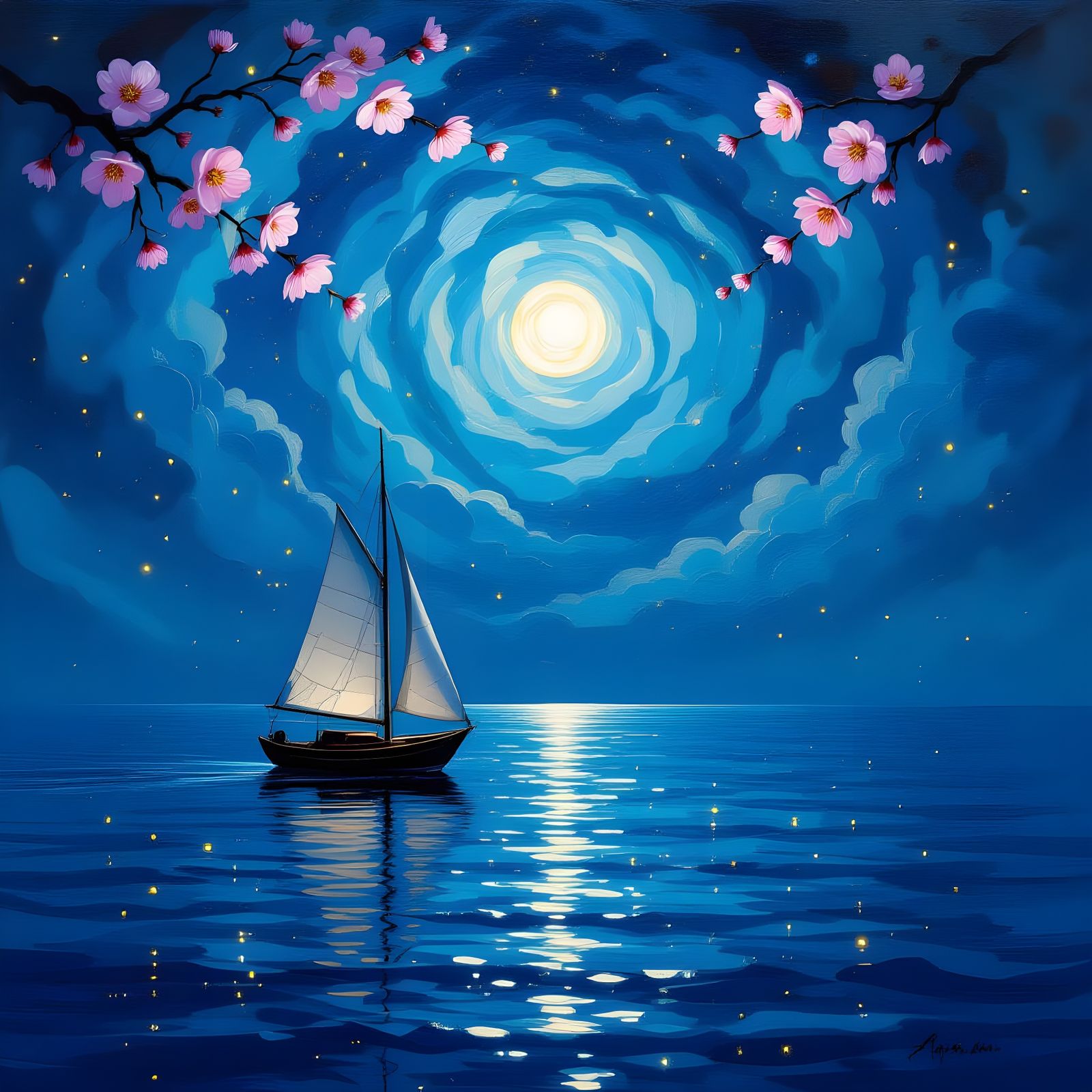 Lone Sailboat on Moonlit Sea with Nebulae Sky