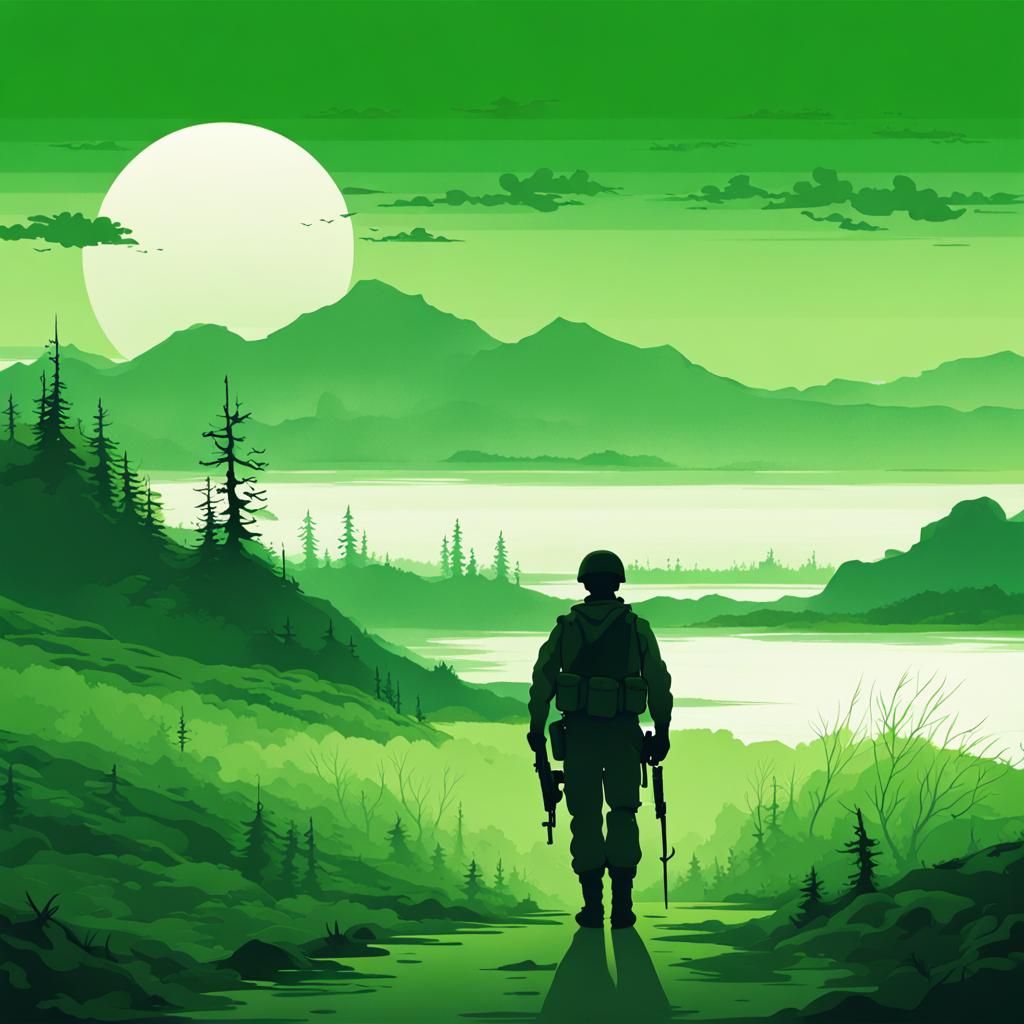 Resilient Wounded Soldier in Green Landscape Art