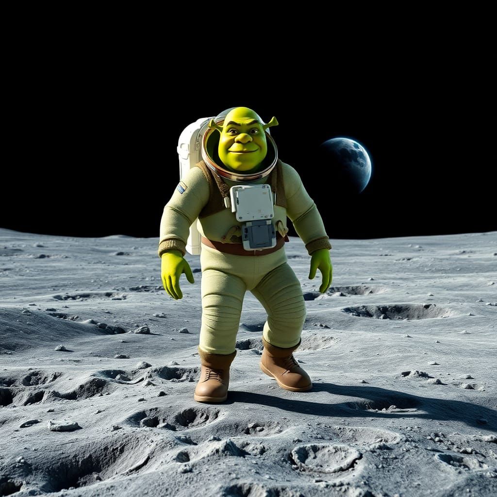 Shrek's First Step: Ogre Astronaut on the Moon