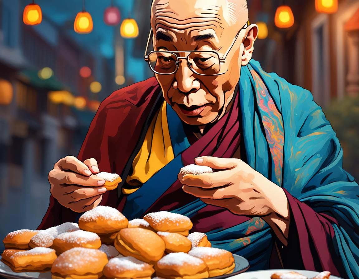 Dalai Lama Eats Beignets: Van Gogh Style Portrait