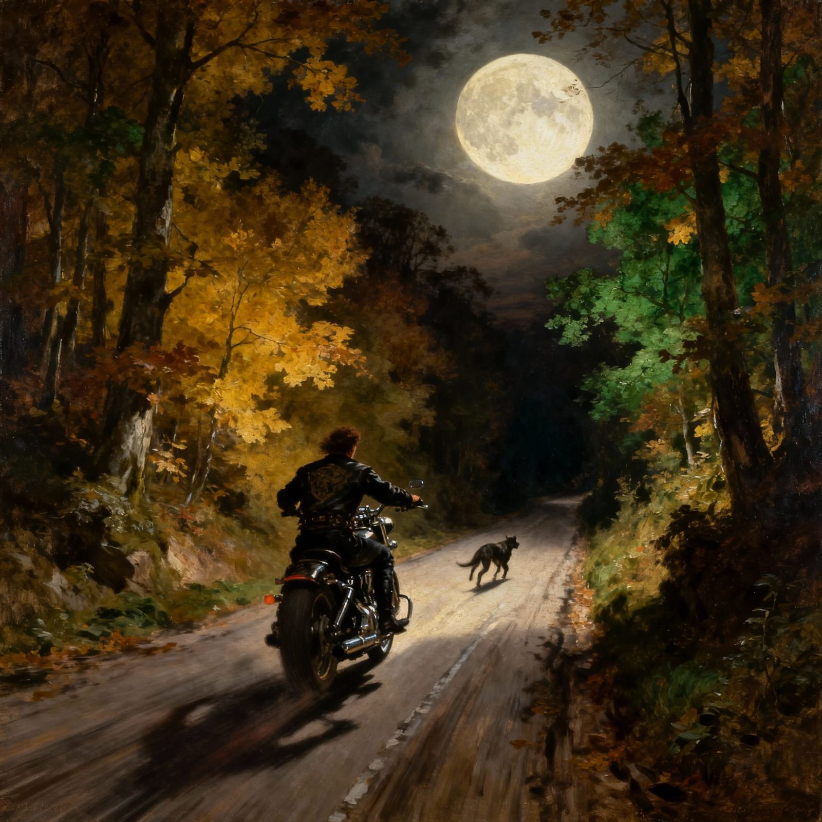 Chopper Motorcycle Under Blood Moon in Autumn Forest