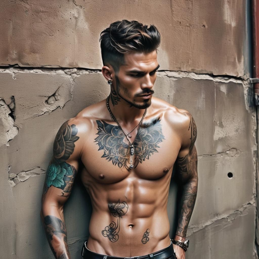 Sensual Tattooed Man: Urban Portrait with Eastern Vibes
