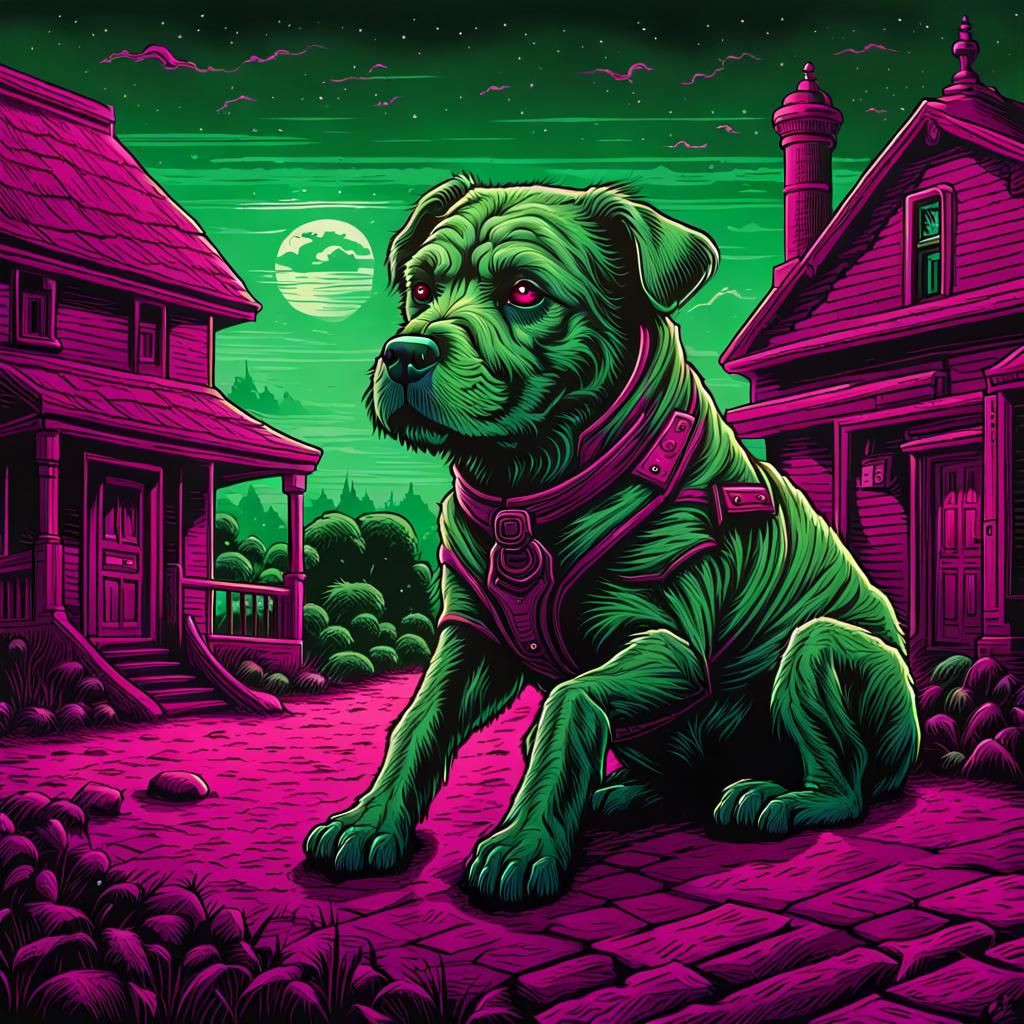 Green and Magenta Hound in Dan Mumford Style