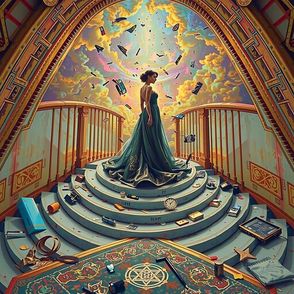 Elegant Woman on Staircase in Hyperrealistic Art