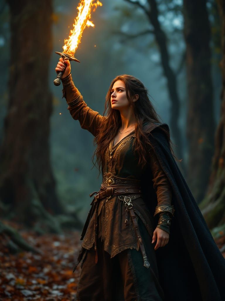 Fierce Teen Warrior with Fiery Sword in Dark Forest