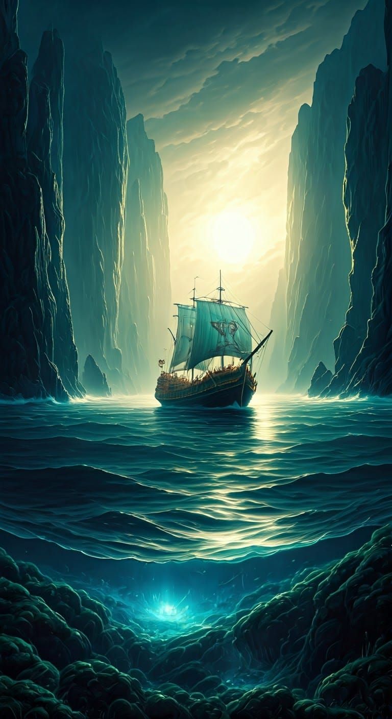 Epic Dark Fantasy Scene with Argonaut Ship in Stormy Waters
