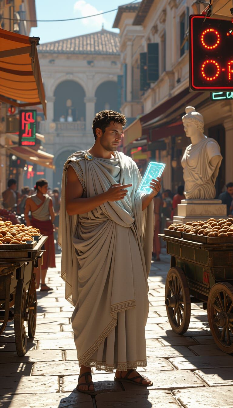 Roman Senator with Glowing Smartphone on Ancient Street
