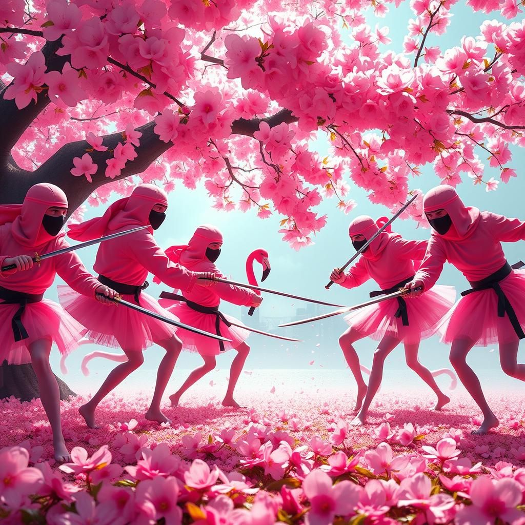 Pink flamingo ninjas battles under a sakura tree. Leaves are...