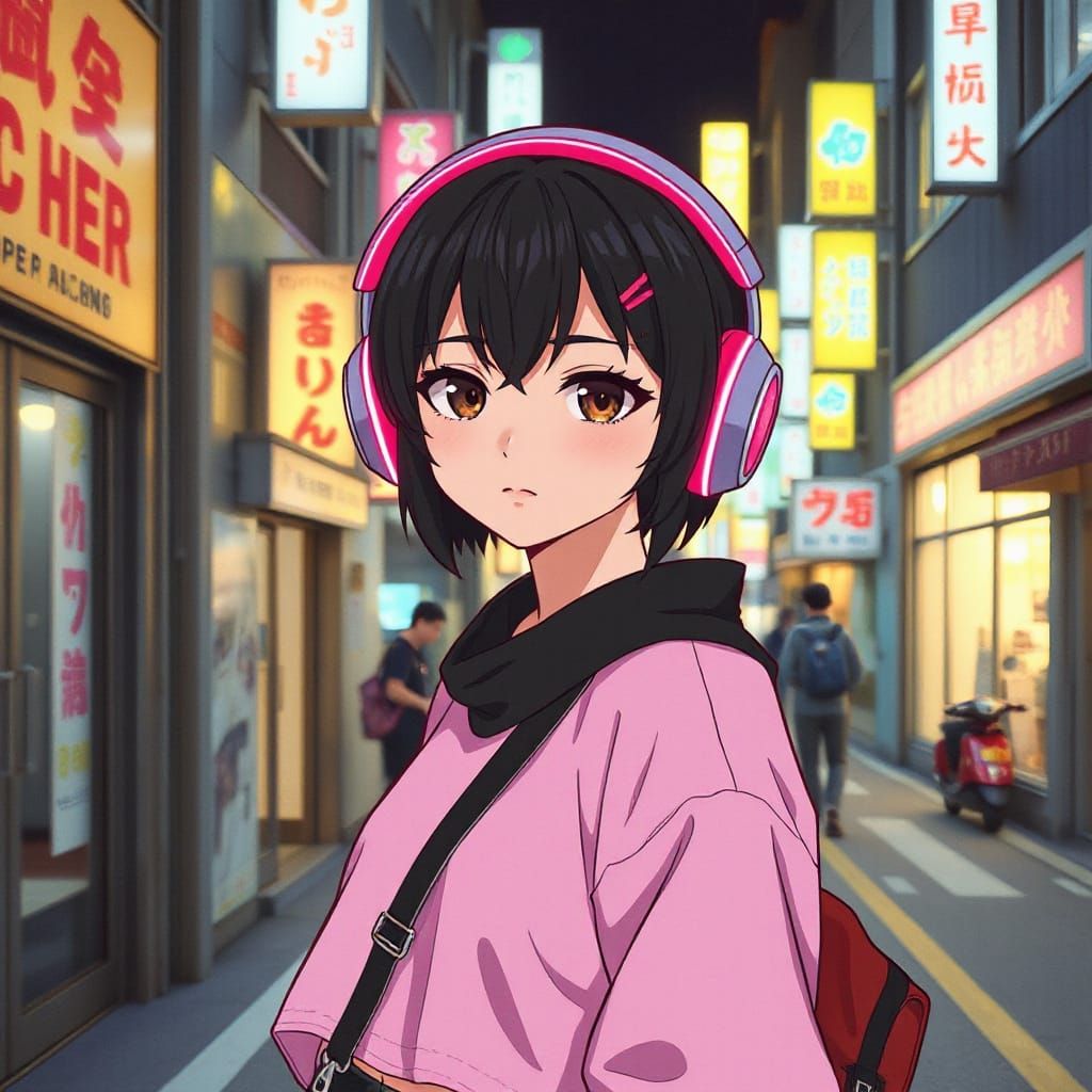 Anime Ninja Girl in Neon City Street