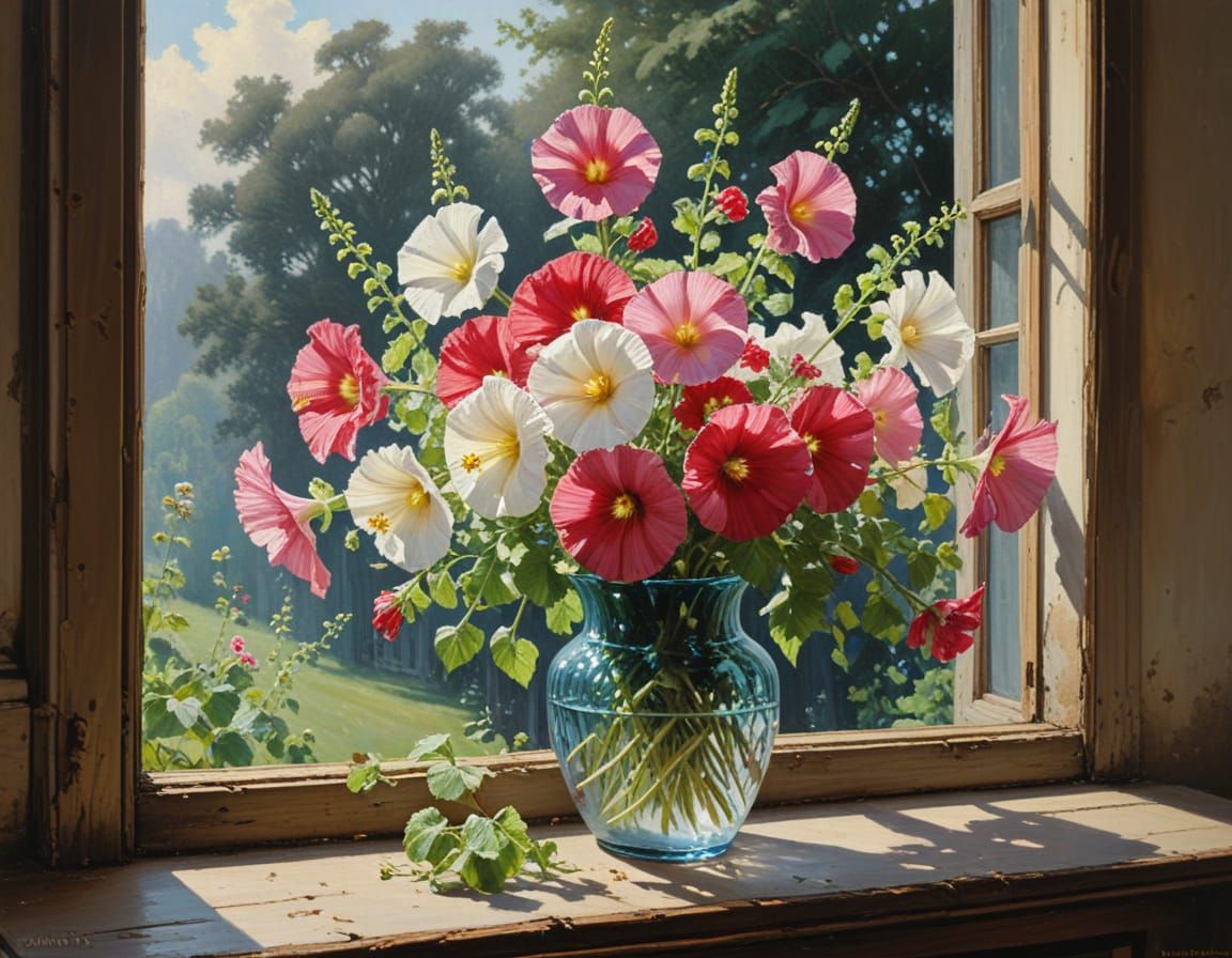 Hollyhocks in Window, Golden Age Illustration