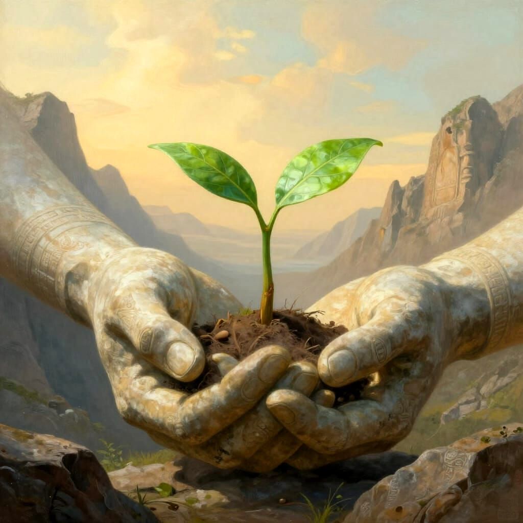 Stone Hands Sculpture Cradles Sapling in Dreamlike Mountain ...