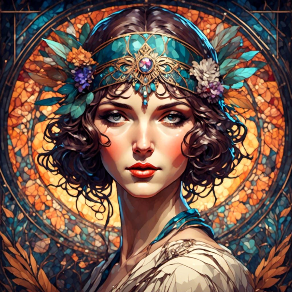 Art Deco Portrait with Art Nouveau Background