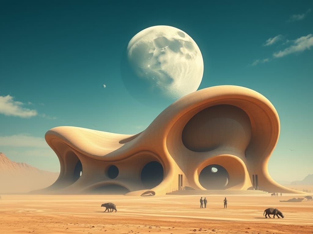 Futuristic Sandstone Structure in Surreal Desert Landscape