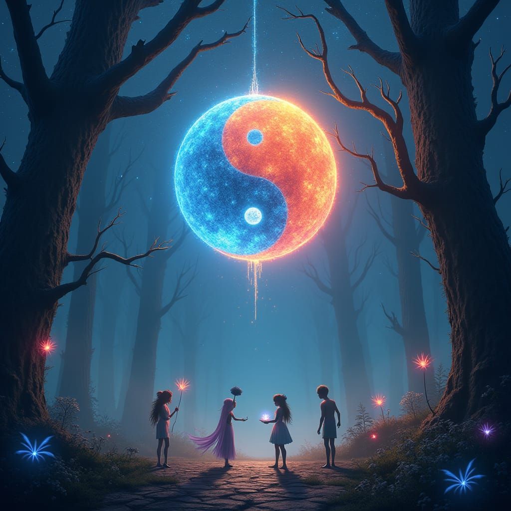 Yin Yang Symbol with Magic Creatures in Forest
