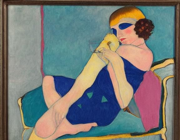 Flapper Woman Lounging, 1920s Oil Painting