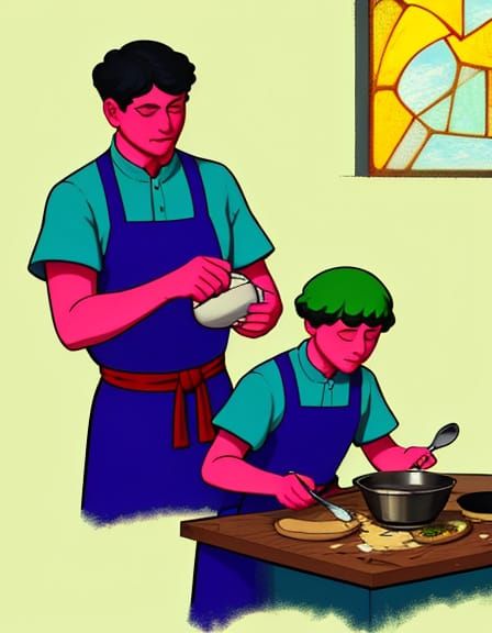 Chefs Beat Eggs in a Stained Glass Kitchen