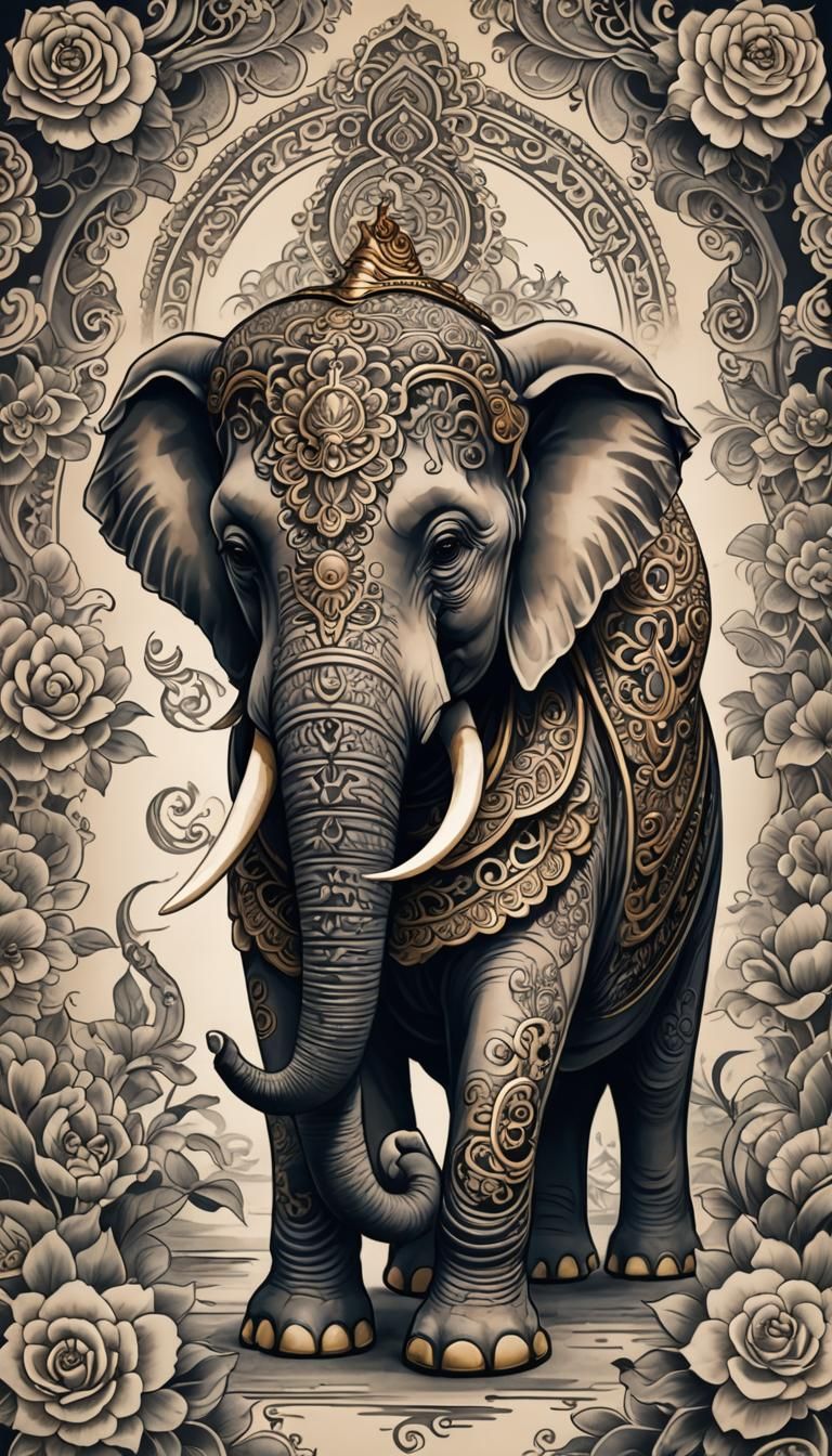 Royal Elephant in Elaborate Asian Tattoo Style
