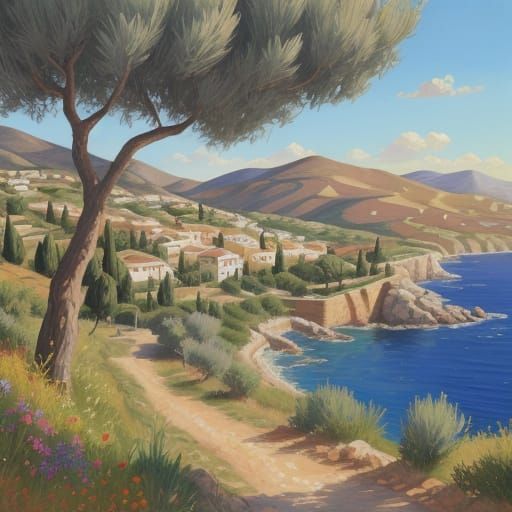 Vibrant Mediterranean Village Oil Painting in Impressionist ...