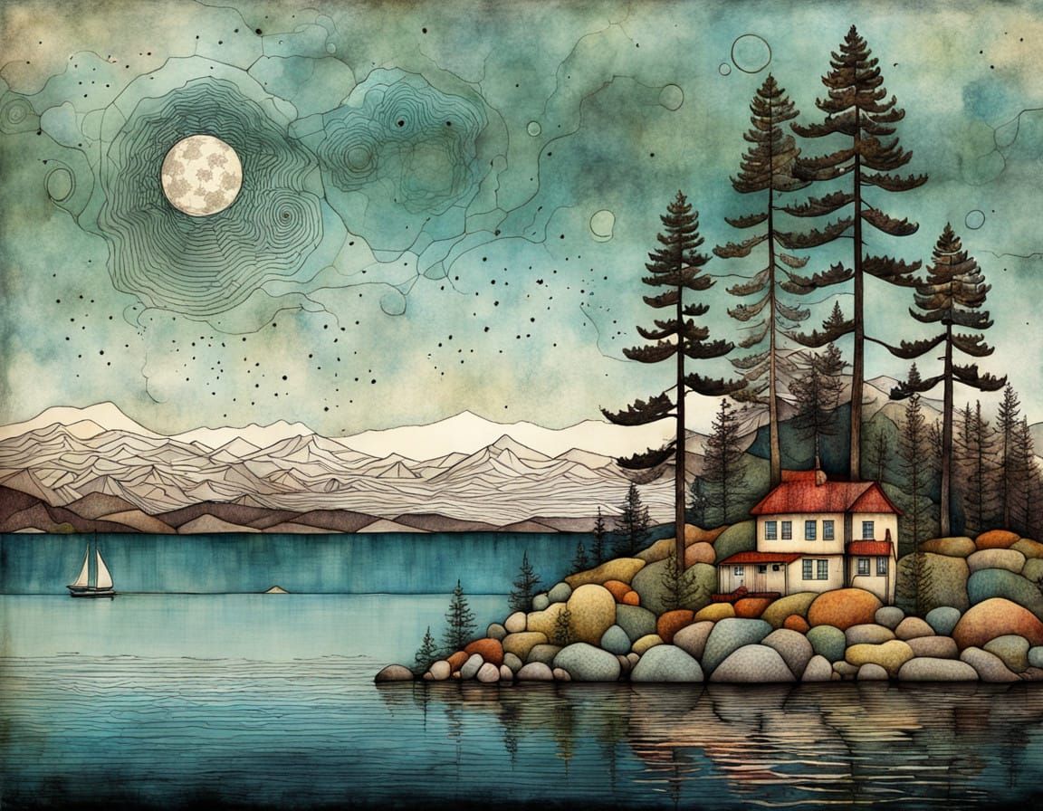 Whimsical Lake Tahoe Landscape in Muted Colors