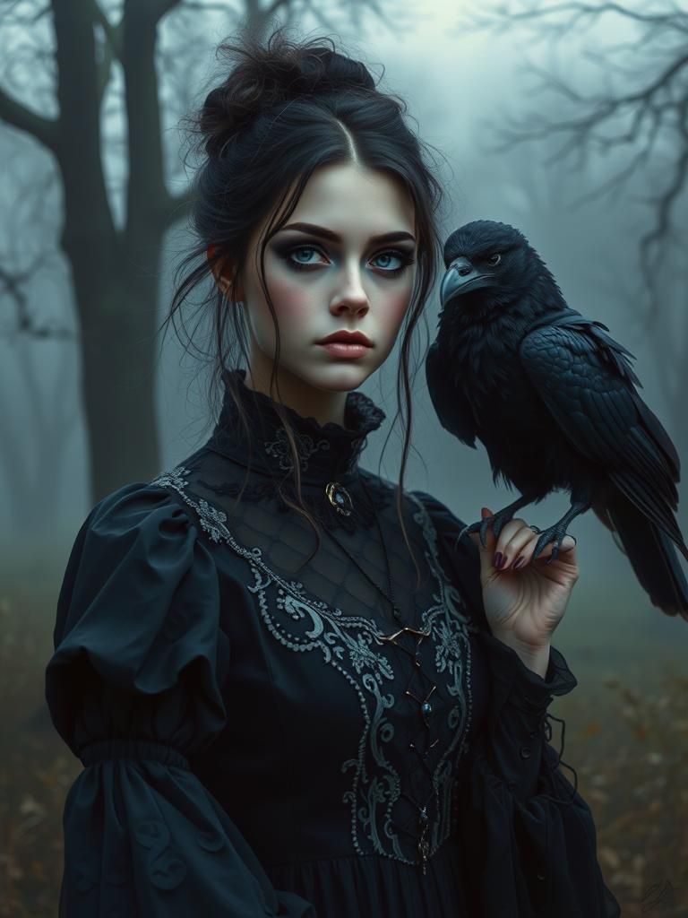 Mysterious Portrait of Melancholic Girl with Raven