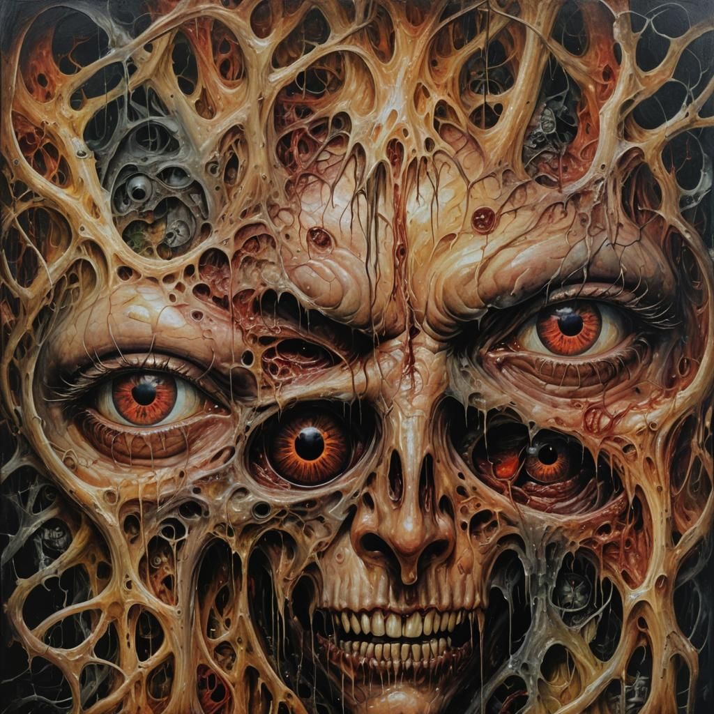 Eyes of rage an infected soul;
(Doom:1.3) in these eyes of perversion+vulgar
Monstrous. 
IMAX,horror themed, lyrical abs...