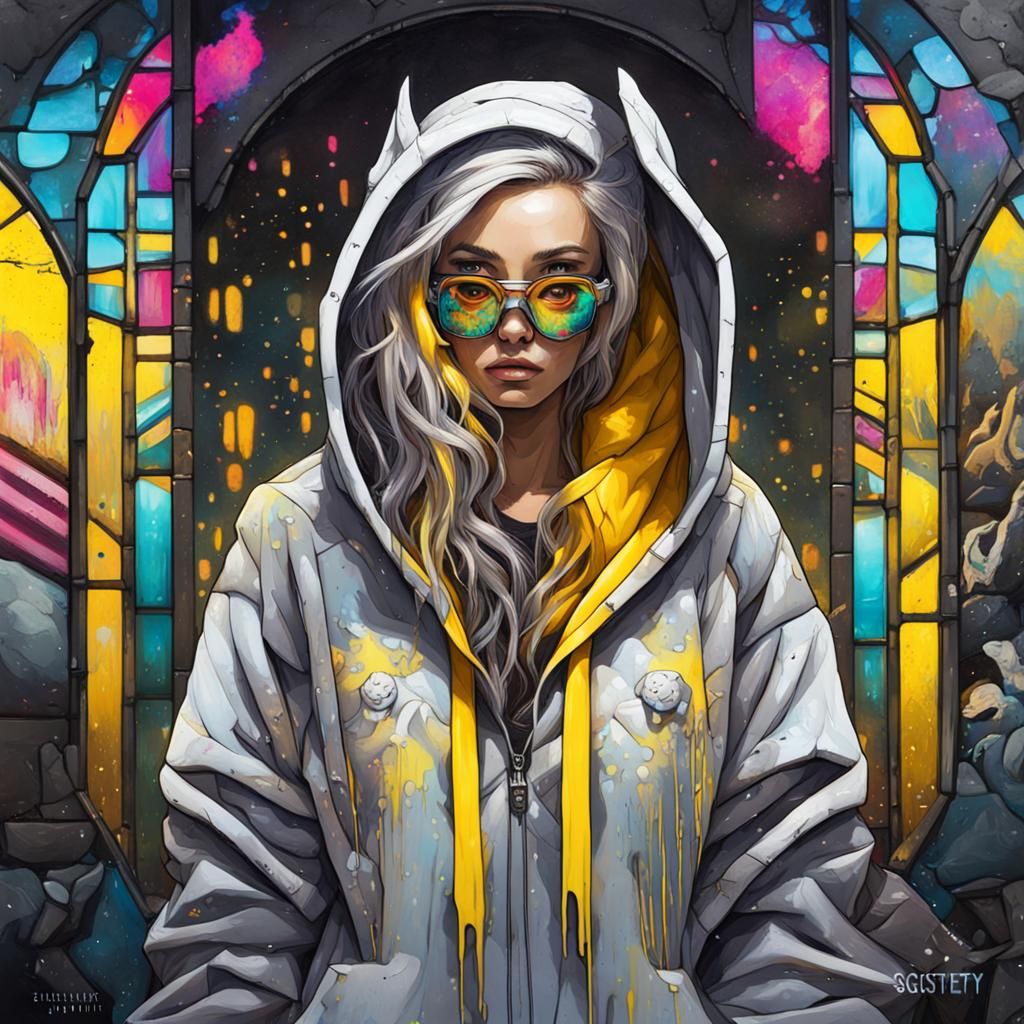 Cyberpunk Stained Glass Owl Girl Graffiti Art