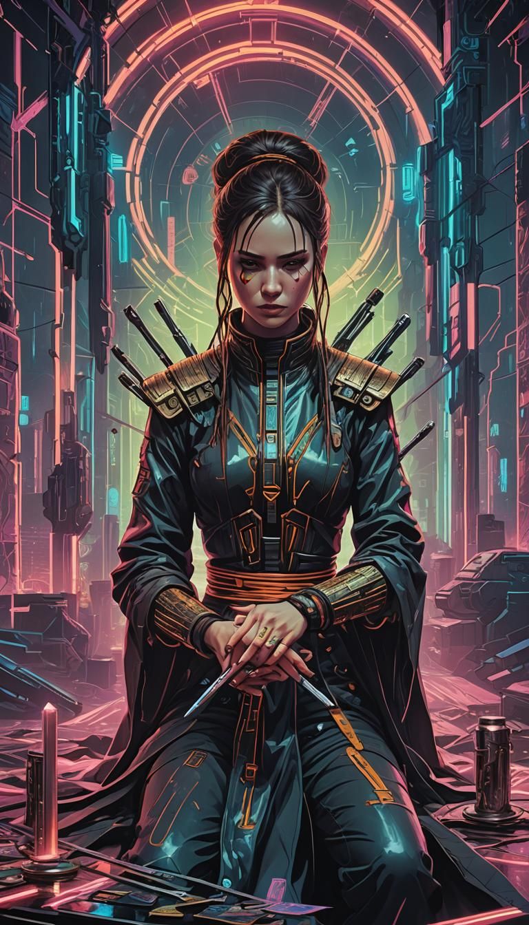 Detailed Eight of Swords Tarot Card in Cyberpunk Style