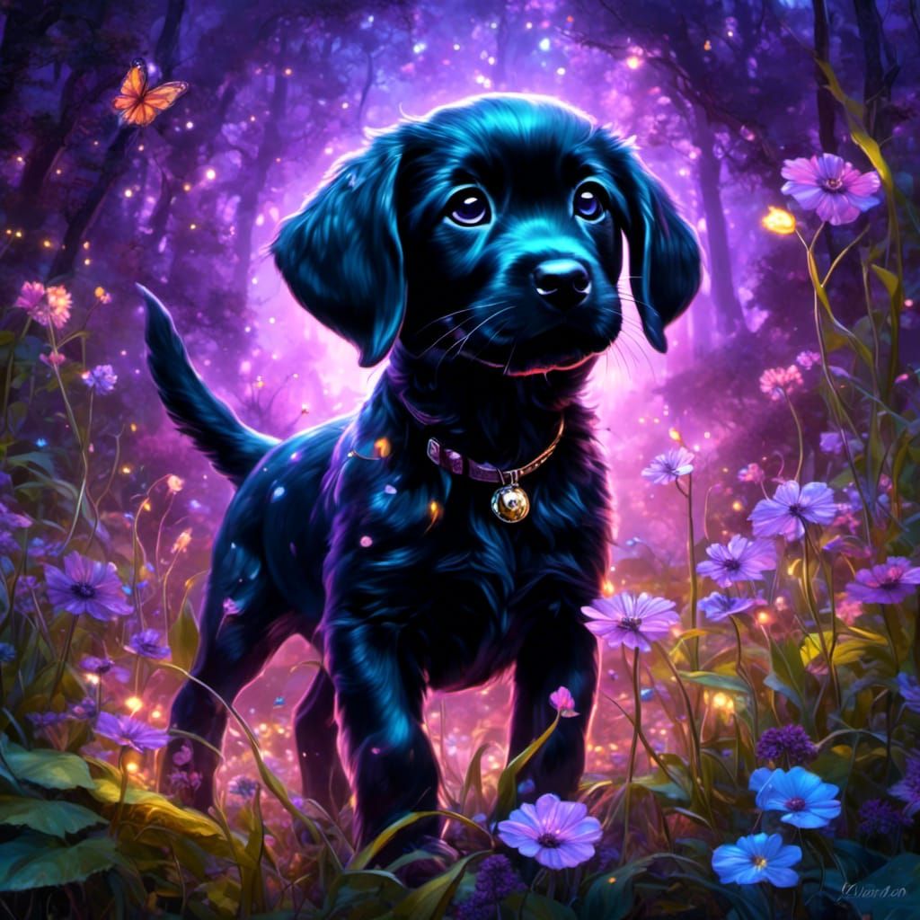 Adorable Black Lab Puppy in Magical Forest