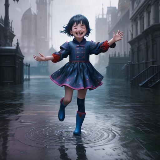 Child Splashing in Puddle: Detailed Fantasy Concept Art