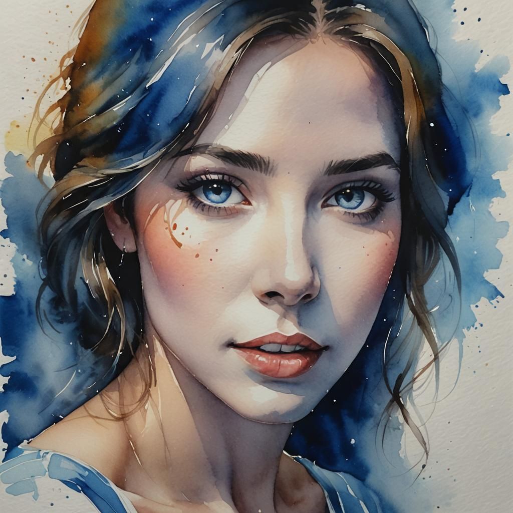 Ethereal Watercolor Portrait Bathed in Blue Light