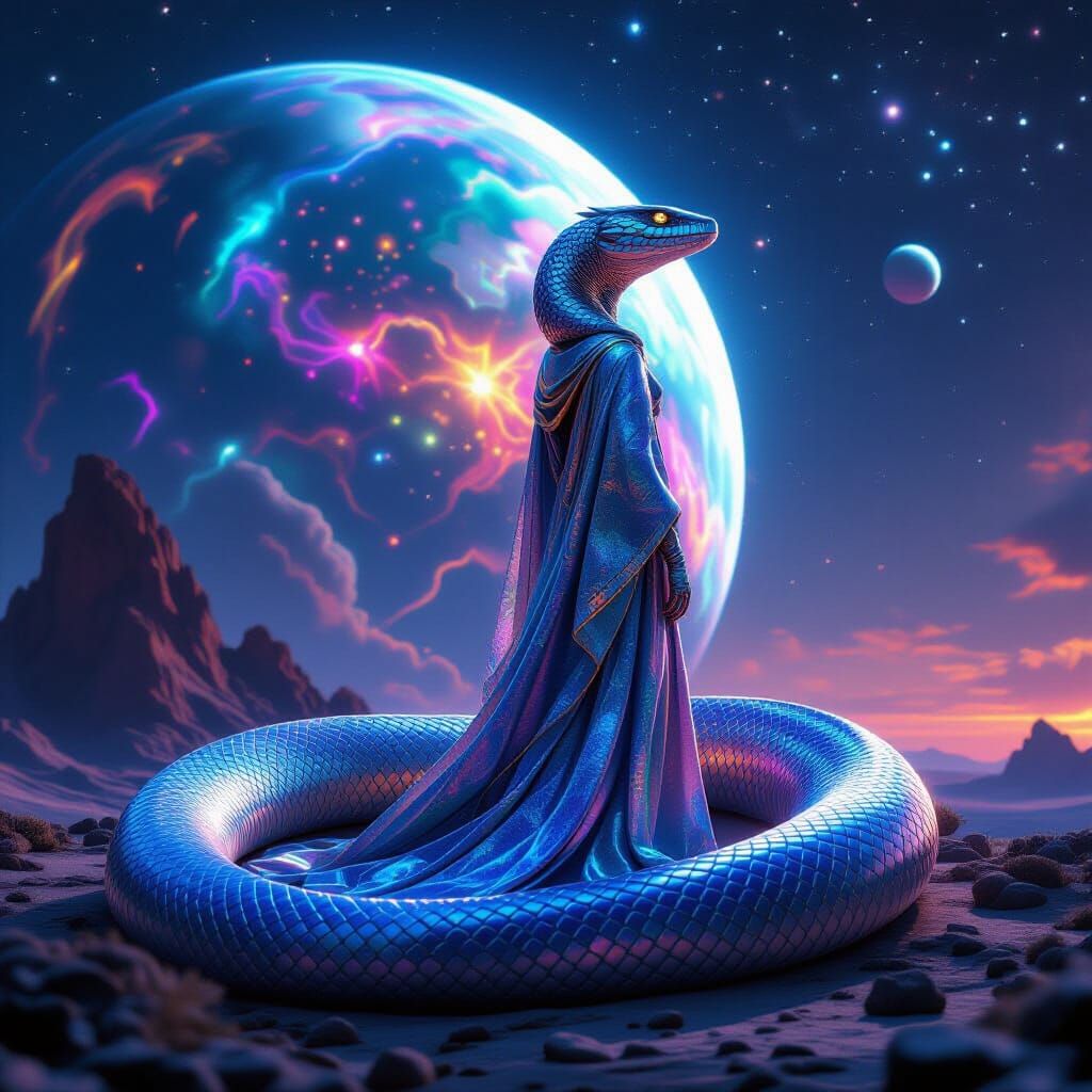 Celestial Serpent Coils Around Bioluminescent Alien Planet