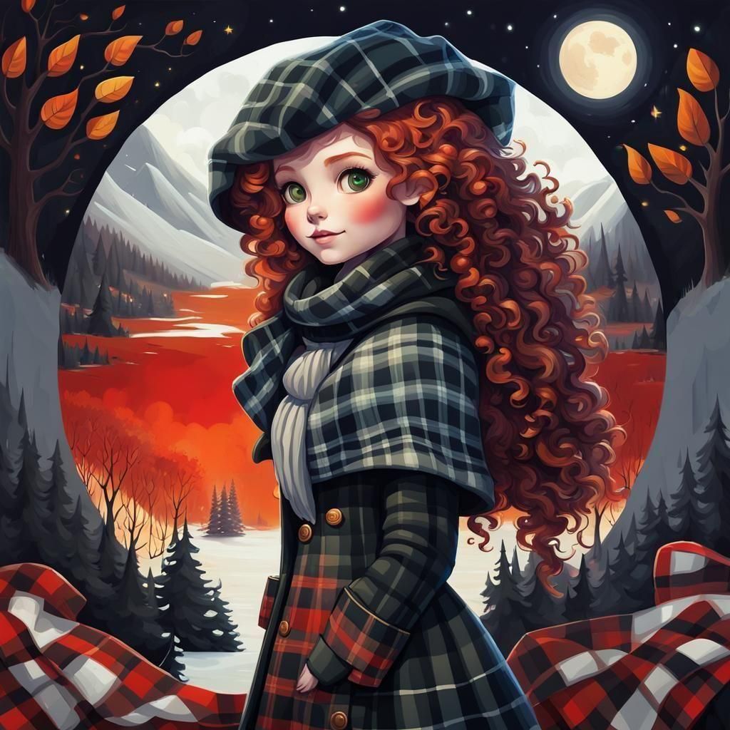 Adorable Redhead in Plaid Coat: Digital Art