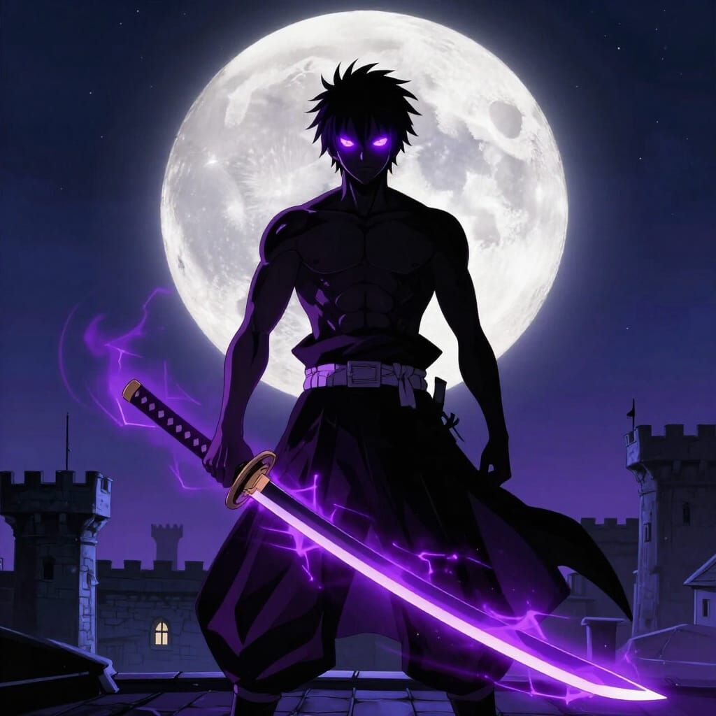 Purple Eyed Warrior on Castle Rooftop Under Full Moon