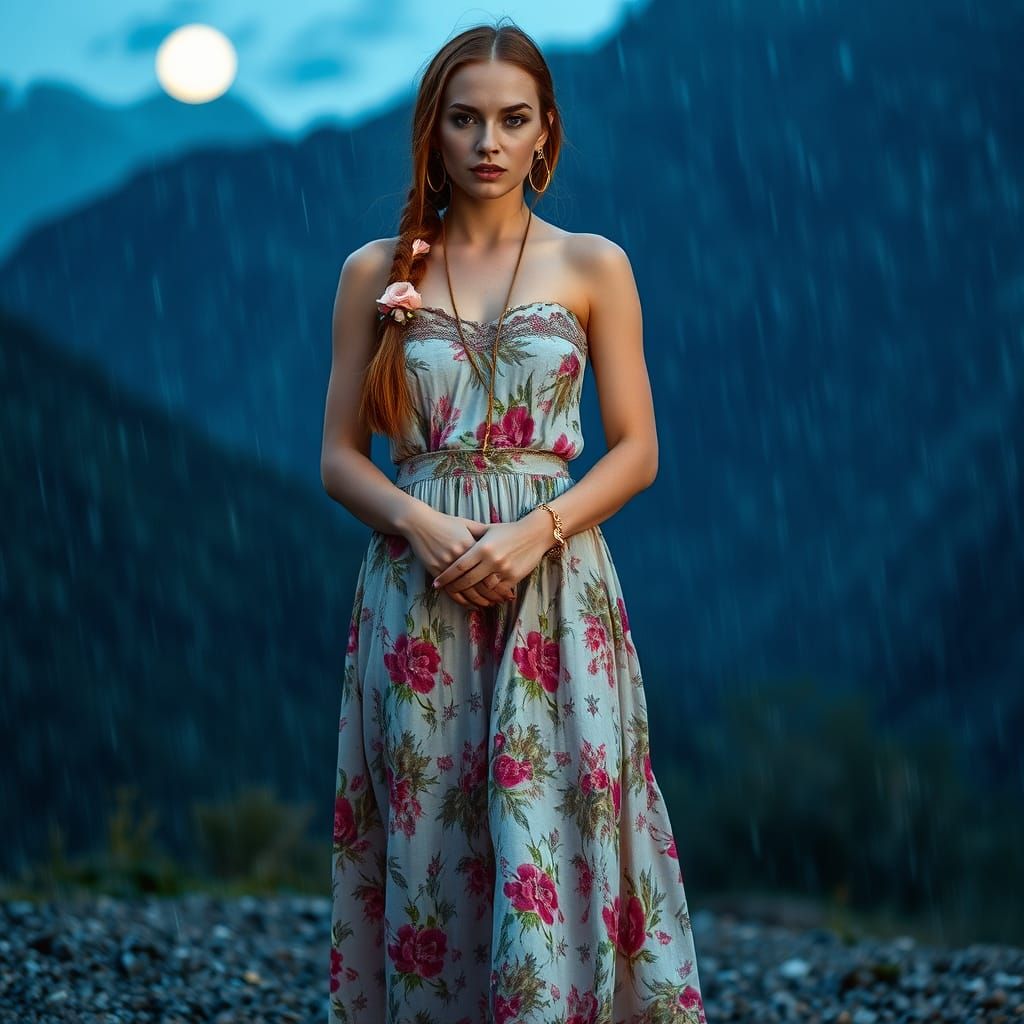 Boho Woman in Rainy Mountains, Fine Art Photography