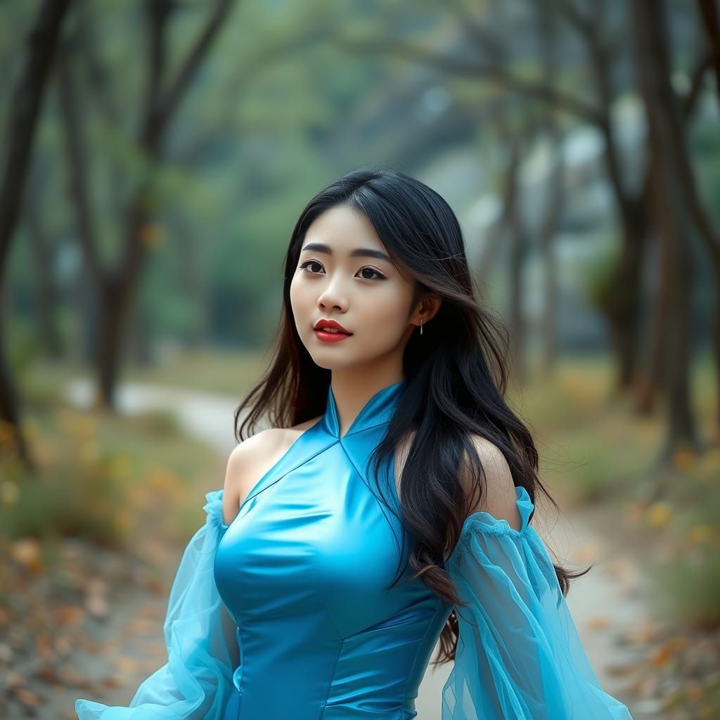 Asian Goddess in Futuristic Blue Gown Amidst Nature's Splend...