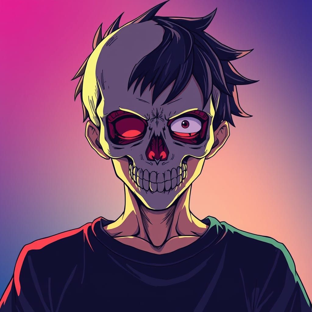 Manga-Inspired Boy with Intricately Detailed Skull Head