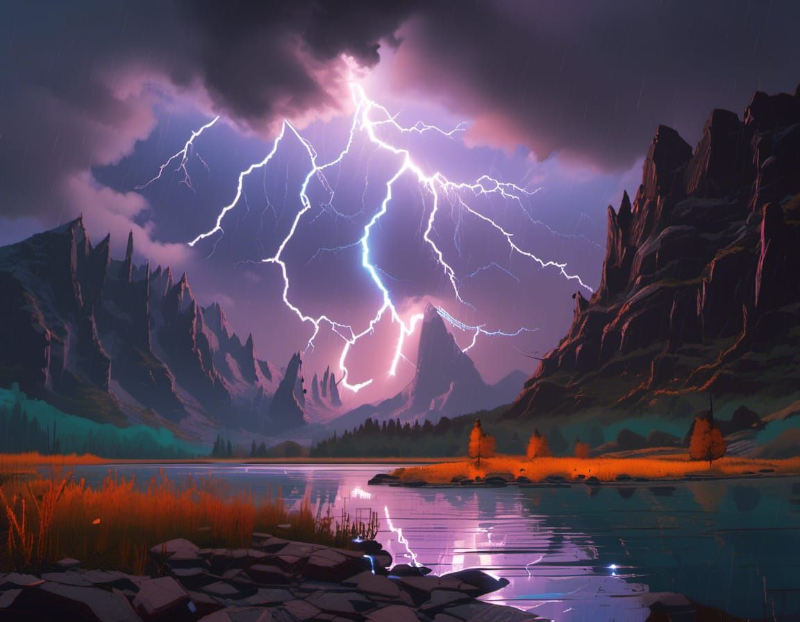 Lightning Storm Over Mountain Lake in 8K