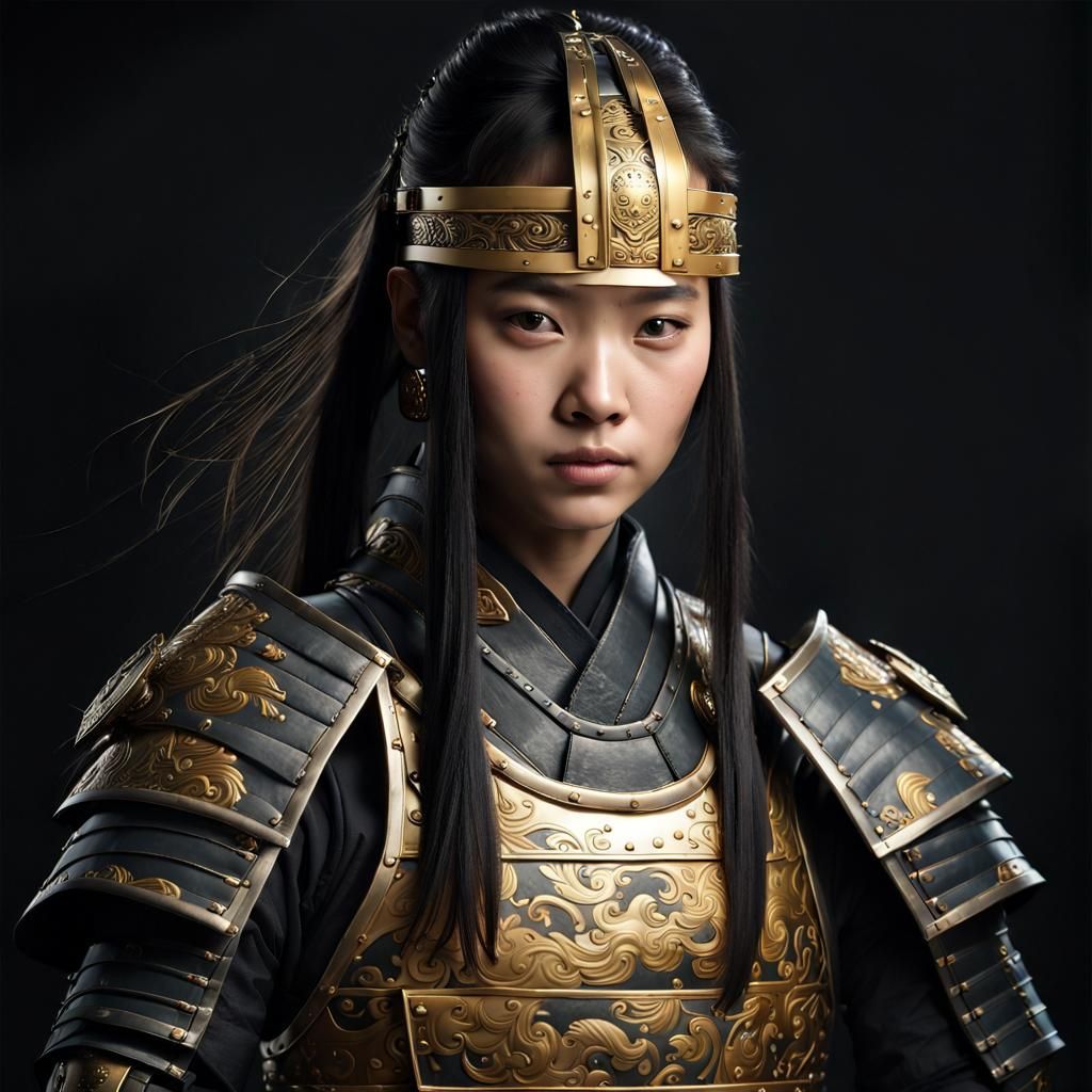 Asian Woman in Samurai Armor: Hyperrealistic Portrait
