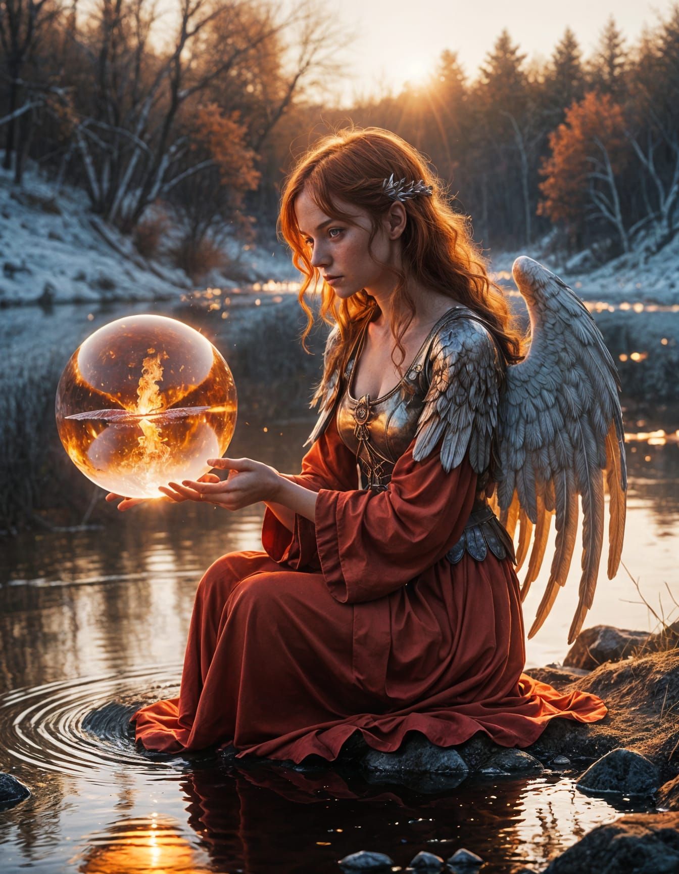 Winter River Goddess with Fiery Wings and Soft Sunset