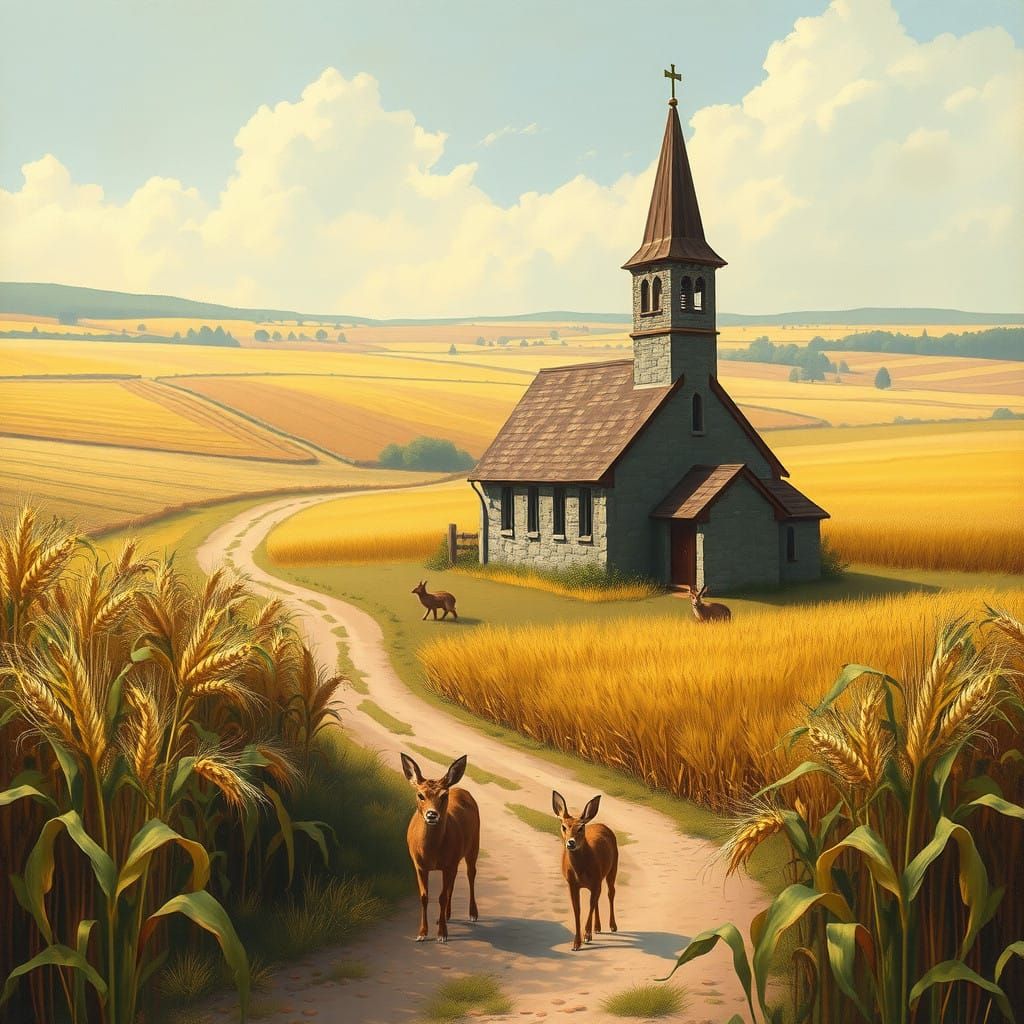 Rustic Church Scene in a Golden Landscape